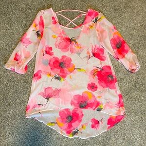 Sheer white with hot pink floral shirt size medium